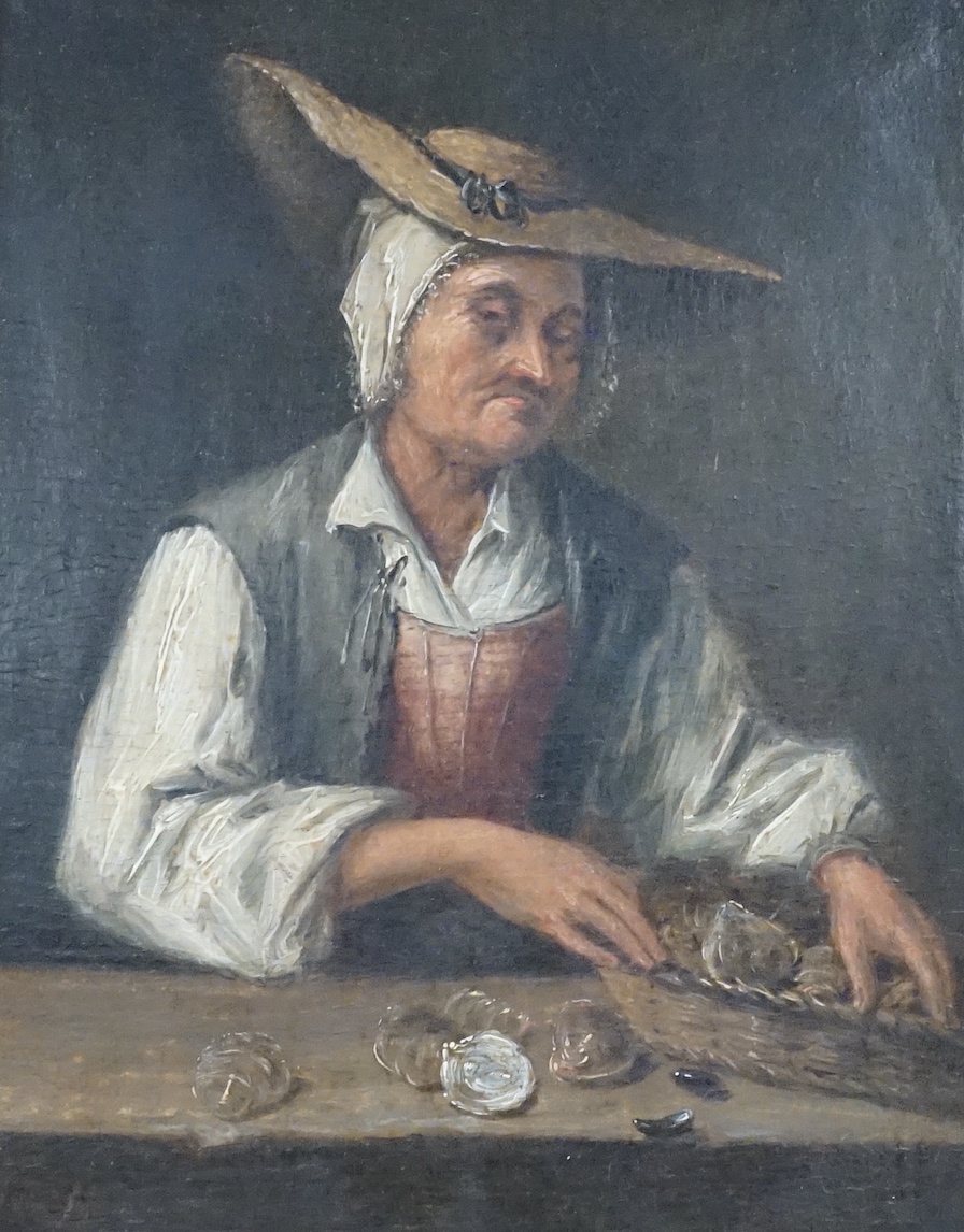 Balthazar Nebot (1700-1786), oil on oak panel, 'Seated fishmaid with a basket of oysters', signed, 20 x 15.5cm